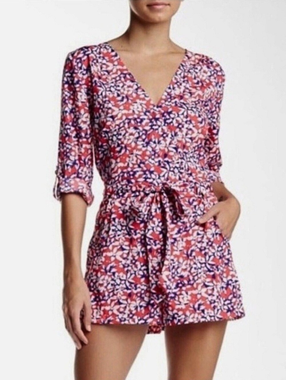Yumi Kim Floral Print Belted Tie Waist Romper Red White Blue Beach Vacation XS